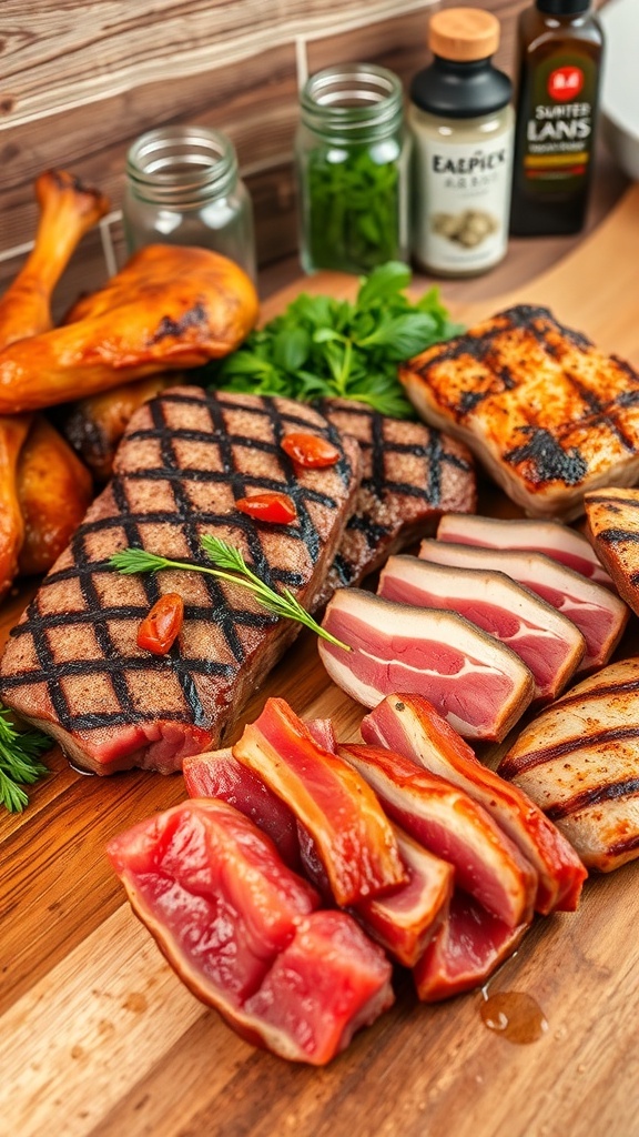 An assortment of meats including steak, bacon, and chicken on a cutting board in a rustic kitchen.